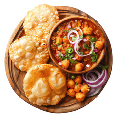 plate of chole bhature, spicy chickpea vegetarian isolated on transparent white background, clipping path