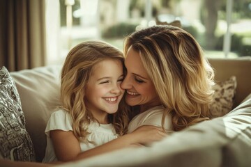 Wall Mural - High-resolution brightly lit photorealistic candid photograph of a mother and daughter sharing smiles on a comfy couch in a stylish living room. The image is styled like a high-end lifestyle