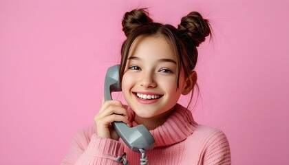 Wall Mural - Cheerful girl talking on the telephone against a vibrant pink backdrop