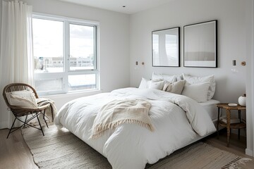 minimal white bedroom featuring cozy textures and a modern design