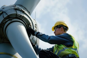 Wall Mural - Technician inspecting wind turbine blades, dynamic angle, green energy