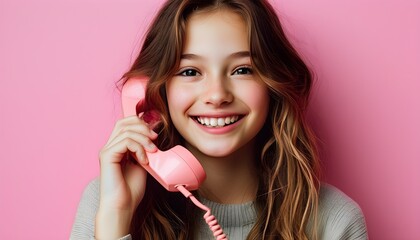 Wall Mural - Cheerful girl talking on the telephone against a vibrant pink backdrop