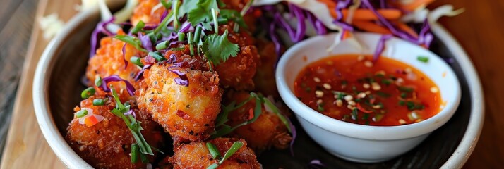 Wall Mural - Crispy vegetarian and vegan nuggets served with sweet chili sauce and a side of cabbage salad.