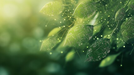 Wall Mural - Green Technology Leaves Network Connection