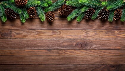 rustic wooden background with a border of green fir branches and pine cones nature wooden christmas or new year ornament border background