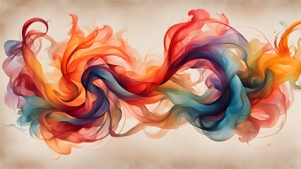 Abstract colorful smoke design on a light brown background.