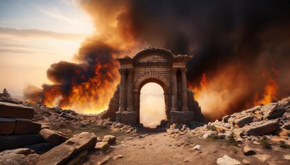 a dramatic scene depicting a ruined ancient archway amidst burning ruins with thick smoke rising int