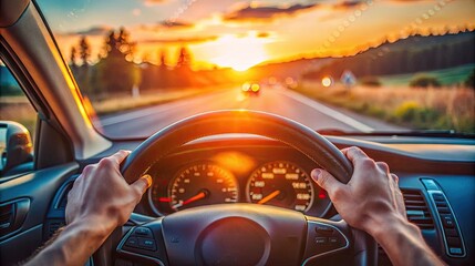 Person driving car with sunset in background, ideal for travel, transportation or automotivethemed designs. Steering wheel visible. Blurred background adds motion. 