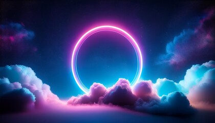 bright neon ring in the clouds glowing at night sky