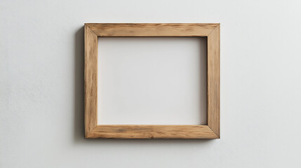 Empty wooden photo frame hanging on white wall