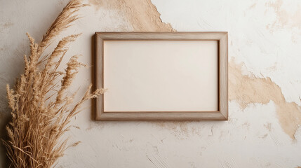 Wall Mural - Empty frame mockup with dried grass on beige plaster wall