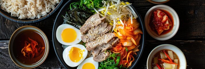 Sticker - Korean dish featuring steamed pork intestines, vegetables, rice, and soup.