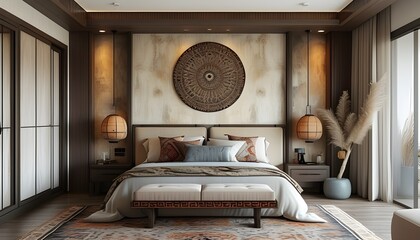 Chic modern bedroom featuring an oriental boho style bed and contemporary decor elements