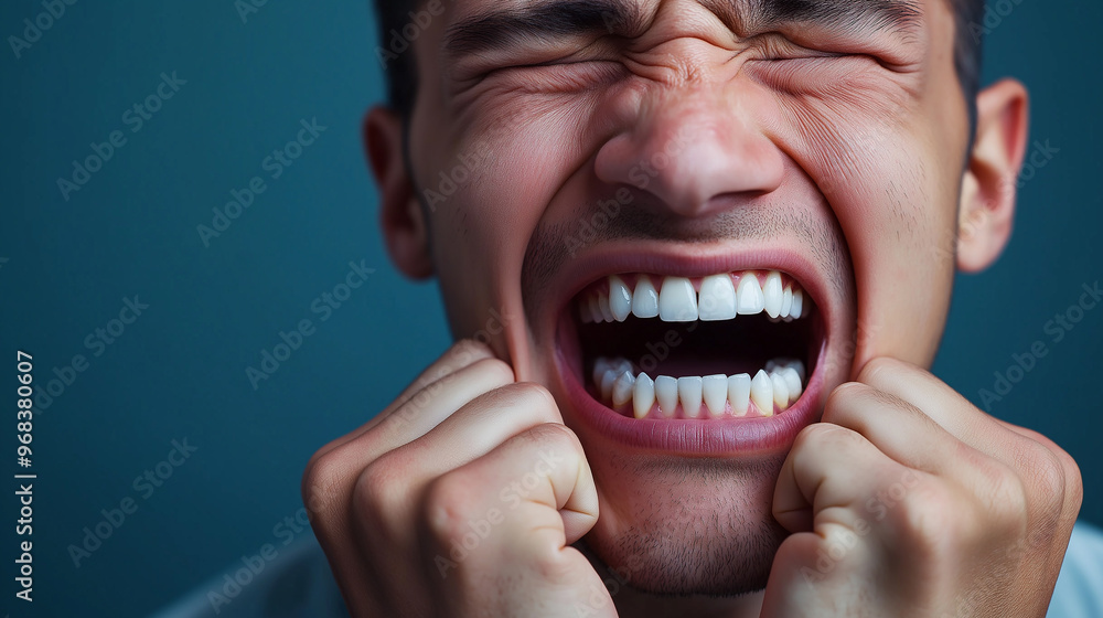 Young man screaming with eyes closed and hands on face Stock Photo ...