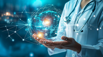 Doctor holding digital global network of healthcare innovation