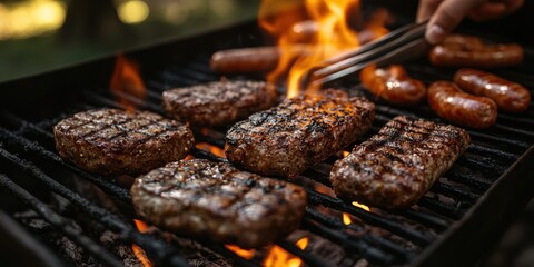 Wall Mural - Delicious Grilled Burgers and Sausages