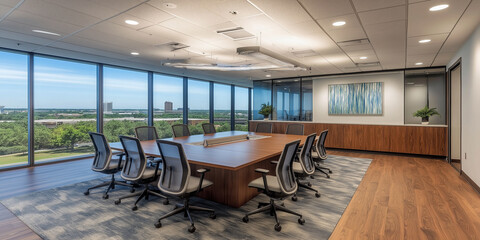 Poster - Modern boardroom overlooking the city with floor-to-ceiling windows
