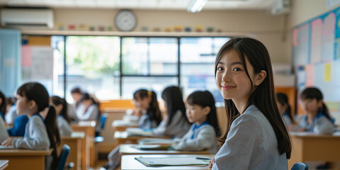 Japanese teenage student smiling in classroom with classmates studying