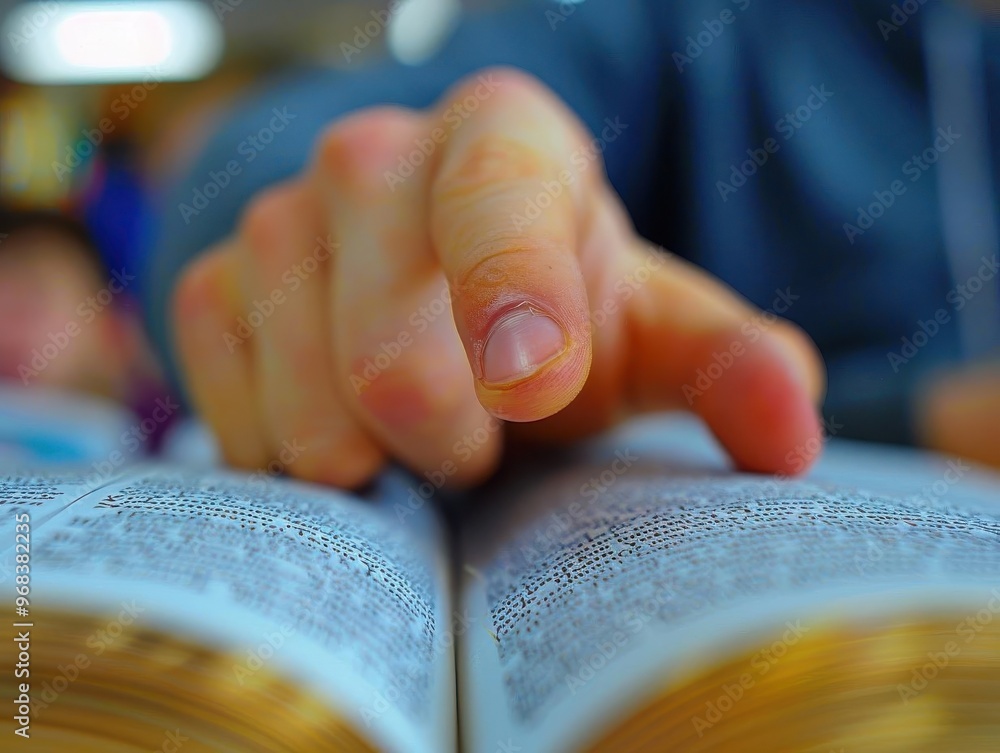 Close-up image of a hand pointing at a text in an open book ...