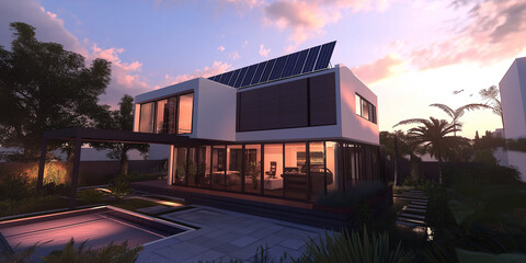 Poster - Modern house using solar panels is being illuminated by setting sun