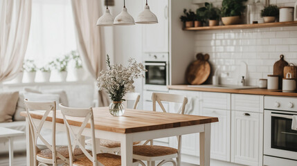 Aufkleber - Modern white kitchen decorated with flowers showing cozy design