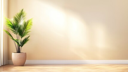 A large empty room with a large potted plant in the corner