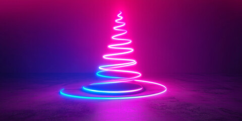 Poster - Neon christmas tree is glowing in front of purple wall