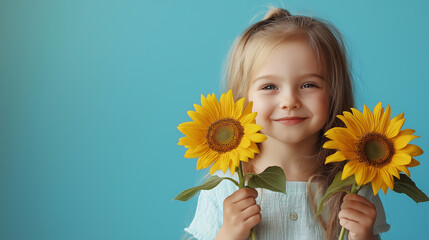 Smiling girl holding two sunflowers on blue background