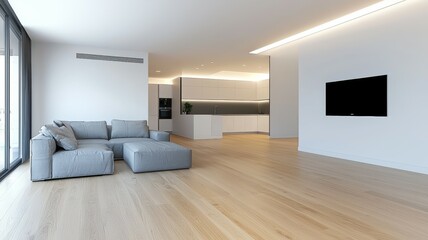 Wall Mural - A large living room with a couch and a TV