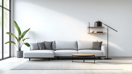 Canvas Print - A living room with a white couch, a coffee table, and a potted plant