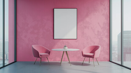Aufkleber - Pink waiting room with modern armchairs and empty frame