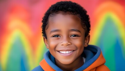 Joyful African-American boy radiating happiness against a vibrant rainbow backdrop