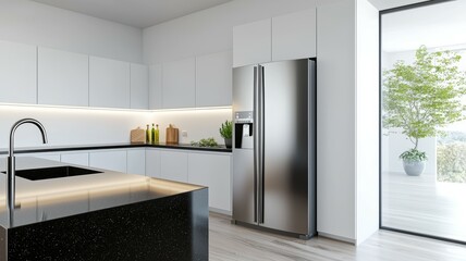 Wall Mural - A modern kitchen with a stainless steel refrigerator