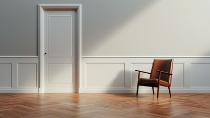 Canvas Print - A brown chair sits in front of a white door