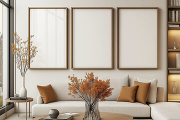 Poster - Modern living room with three vertical frames hanging above sofa