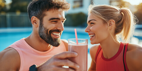 Happy athletic couple drinking protein shake by the pool after workout