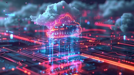 Poster - a digital cloud symbolizing data storage above a circuit board with glowing elements.