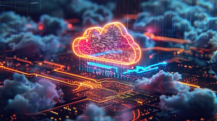 Poster - a vibrant digital cloud symbol above a circuit board, representing cloud computing technology.