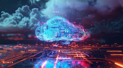 Poster - digital cloud representation with vibrant circuits and data streams.