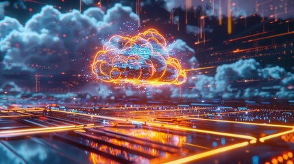 Poster - a digital cloud surrounded by glowing circuits and abstract data elements.