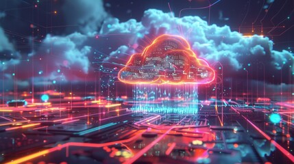 Poster - a vibrant digital cloud representing data storage and connectivity over a circuit-like landscape.