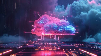Poster - a vibrant digital cloud with circuitry, symbolizing technology and data processing.