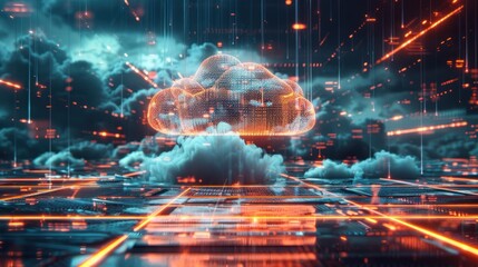 Poster - a digital cloud hovering over a futuristic landscape of data and technology.