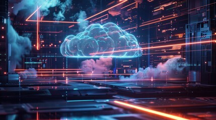 Poster - a futuristic digital landscape featuring a glowing cloud and neon elements.