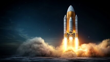 Wall Mural - A rocket is launching into space with a bright orange trail behind it