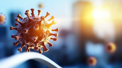 A virus is shown in the air with a city in the background