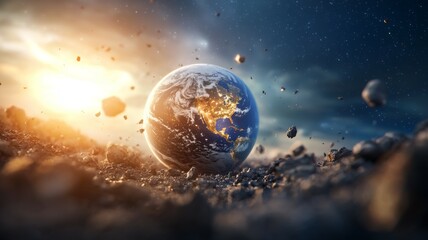 Wall Mural - a planet is surrounded by a lot of rocks and debris