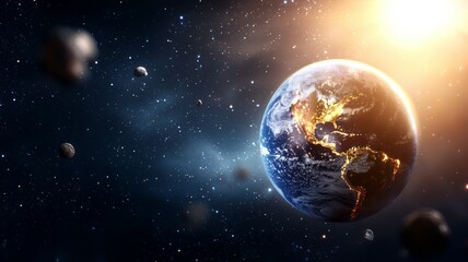 Wall Mural - a planet with a sun shining on it and a bunch of rocks flying around it