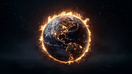 Wall Mural - a planet is surrounded by fire, with the flames reaching up to the sky