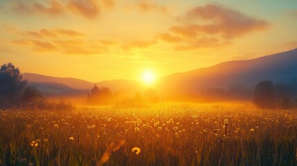 Wall Mural - A field of tall grass with a sun setting in the background